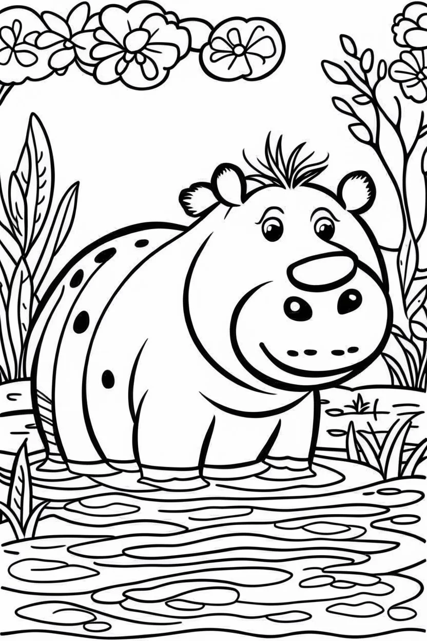 DRAW TO COLORING OF A HIPPO ON A LAKE, BLACK AND WHITE CARTOON STYLE, LOW DETAILS, THICK LINES, NO SHADING LINES