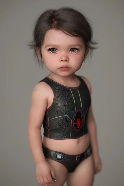 Black widow toddler, serious, full body, bokeh, hyper realistic