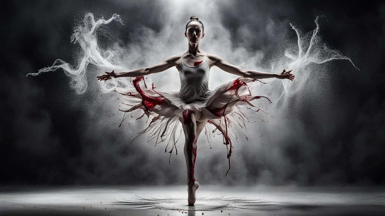 a bizarre surreal image where a dancer's legs there are bloody wounds on both foot, her dress completely drenched in sweat, she standing on tiptoe in a perfect dance pose, around her a fade gray vortex, capturing grasping the difficulty of dance, self-sacrifice, striving for perfection the impressive pose achieved through hard work, the beauty of dance, vertical light on the dancer, blur background is a cracked wall with half darkness and half shiny light, on wall fade the outlines of old and
