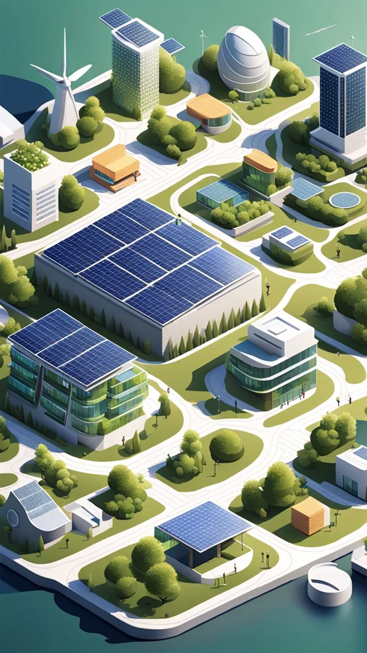 Create an isometric illustration of the city of Solglans, depicting it as a futuristic and sustainable urban environment. Show buildings with solar panels on their rooftops, innovative wind turbines scattered throughout the cityscape, and green spaces integrated seamlessly into the urban fabric. Emphasize the use of advanced technology, such as smart grids and wireless communication networks, to convey the city's commitment to innovation and sustainability.