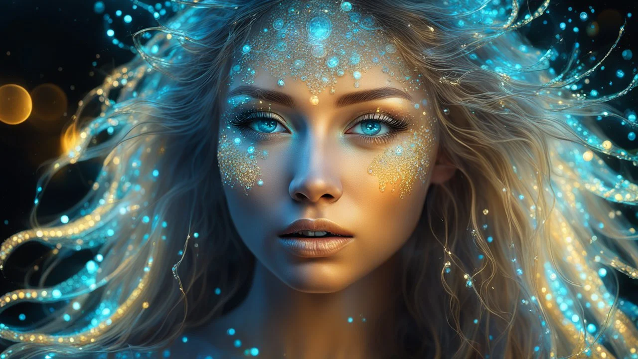 The photo is done in a bioluminescent and bioluminescent art style depicting a divine woman, Bioluminescent dewy translucent glowing skin, ethereal glowing eyes, long neck, perfect face in ultra-realistic details, flowing hair, The composition imitates a cinematic film with dazzling, golden and silver lighting effects. Intricate details, sharp focus, crystal clear skin create high detail. 3d, 64k, high resolution, high detail, computer graphics, hyperrealism, f/16, 1/300 sec.