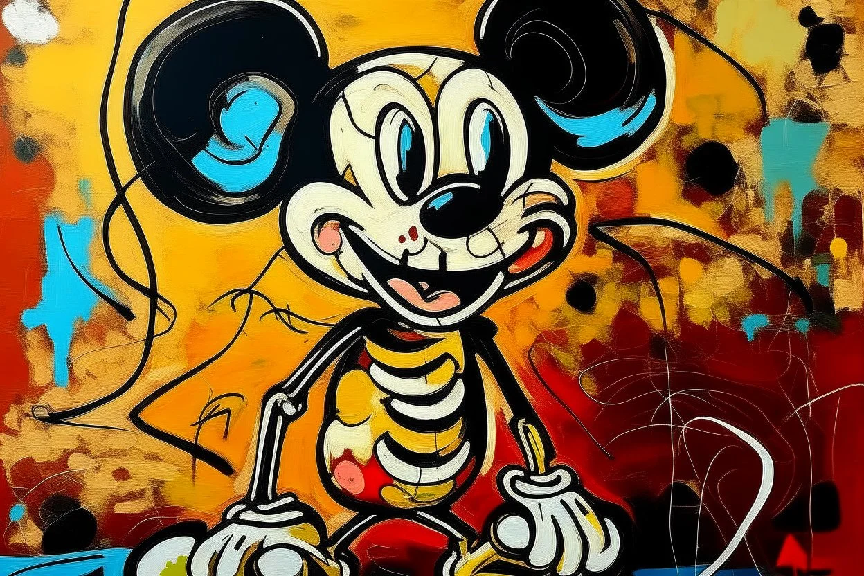 mickey mouse half skeleton, neo-expressionism, acrylic paint