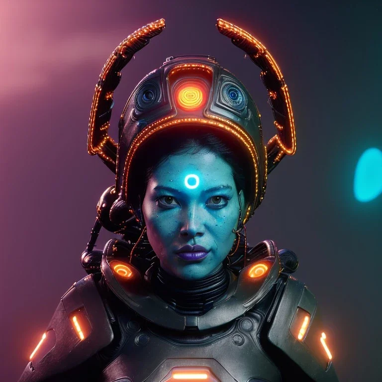 Maori cyber woman, sci-fi, rounded face,, black, gold, brown, samurai helmet, decorative color feathers, retro, simetric, circuits, neon style, a lot of led lights, fog, rain, leather, vibrant color, highly detailed, art stations, concept art, smooth, unreal engine 5, god rays, ray tracing, RTX, lumen lighting, ultra detail, volumetric lighting, 3d, finely drawn, high definition, high resolution.