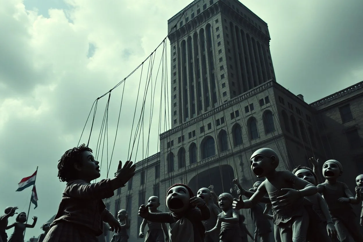 a cruelly oppressive government towers above, pulling the strings of puppets below, the news broadcasts the puppets' suffering everywhere, dystopian, dread, horror