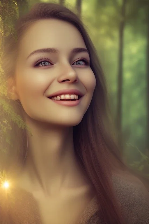 Beautiful smile of feminine girl in the forest in the morníng ín 24K Resolutions, super HD, Professional PHOTOGRAPHY