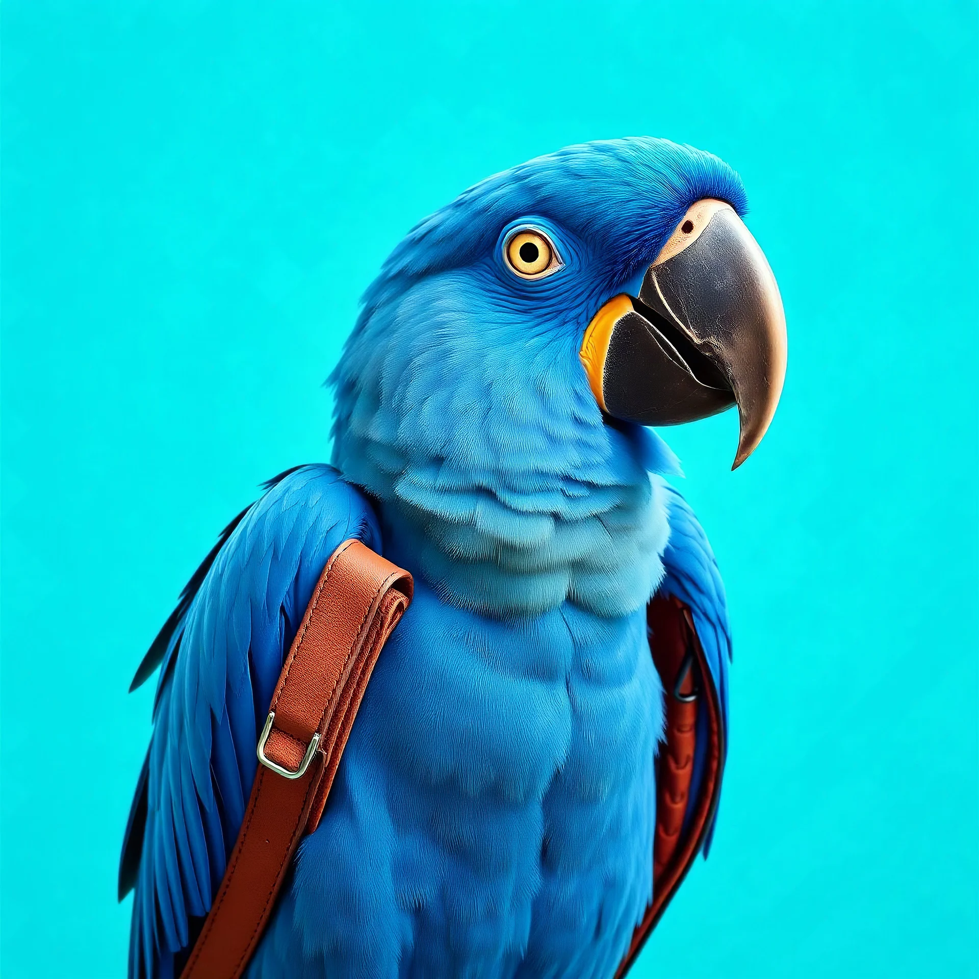 a wide shot of a blue glaucous macaw wearing a shoulder bag