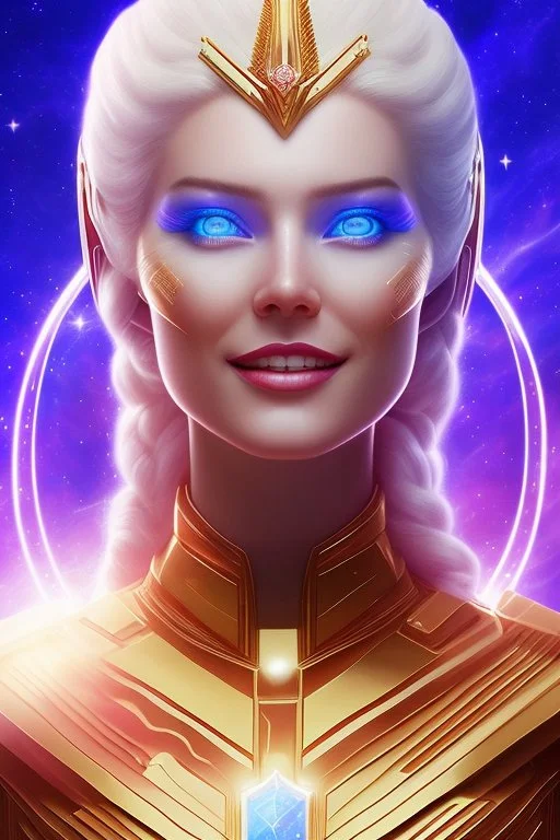 cosmic woman smile, admiral from the future, one fine whole face, crystalline skin, expressive blue eyes,rainbow, smiling lips, very nice smile, costume pleiadian, Beautiful tall woman pleiadian Galactic commander, ship, perfect datailed golden galactic suit, high rank, long blond hair, hand whit five perfect detailed finger, amazing big blue eyes, smilling mouth, high drfinition lips, cosmic happiness, bright colors, blue, pink, gold, jewels, realist, high commander