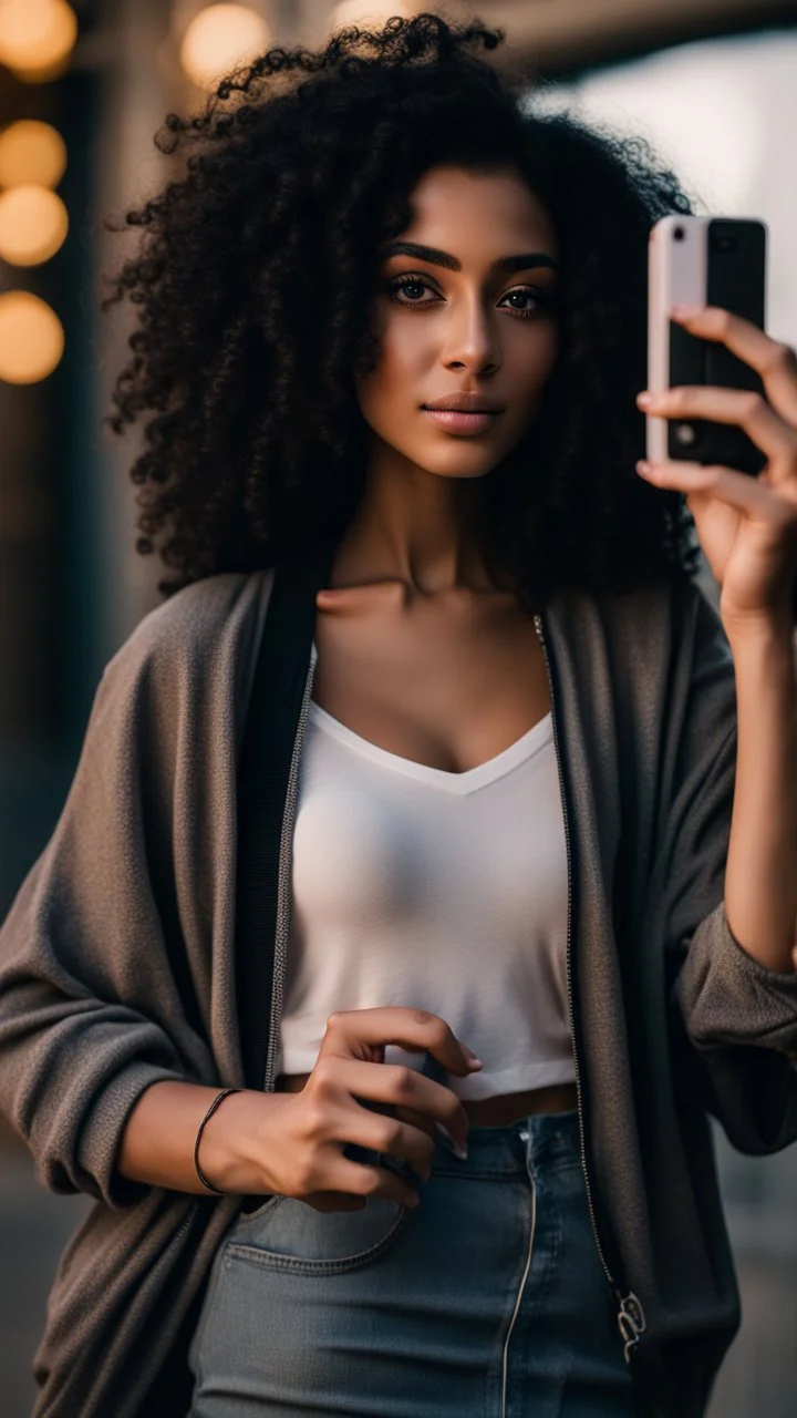 A realistic selfie-style self-portrait of a confident influencer aged arab18-37 in an urban setting, dressed in trendy sportswear or beachwear to showcase her slender figure. Her creative curly black hair shines under softbox lighting accentuating her flawless skin. The vintage camera shot with a macro lens introduces a charming bokeh effect. Every detail, from her complexion to body contour, is outlined for a high-quality image –ar 4:5 –testp –upbeta –octane.