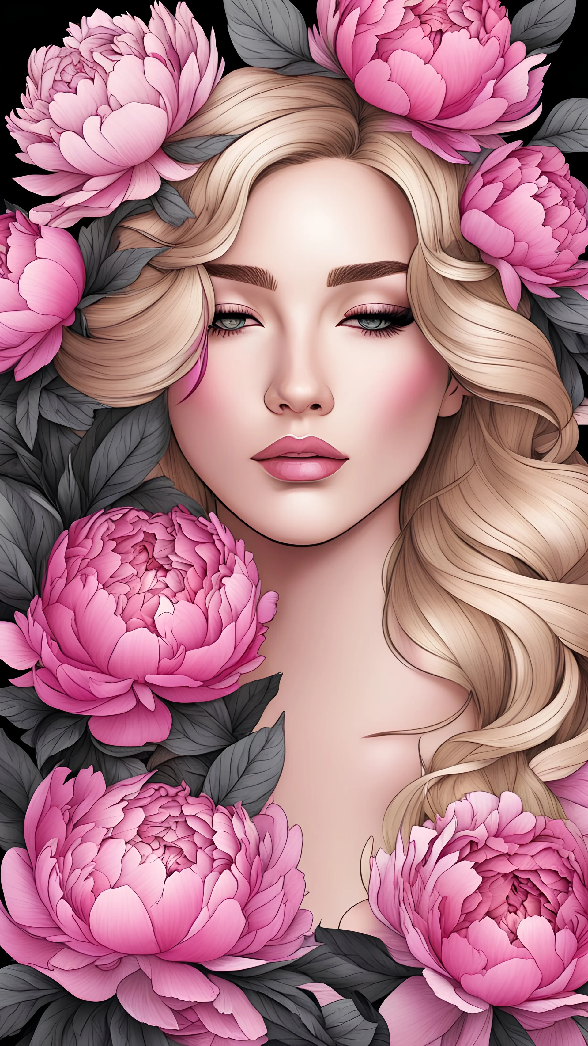 young couples , with blonde hair, a coloring page of a beautiful bouquet of peonies all around her face, her eyes are closed and dreaming peacefully, only her face shows, her face covered by the bouquet of peonies, with a black background, clear outline, no shadows, 4k