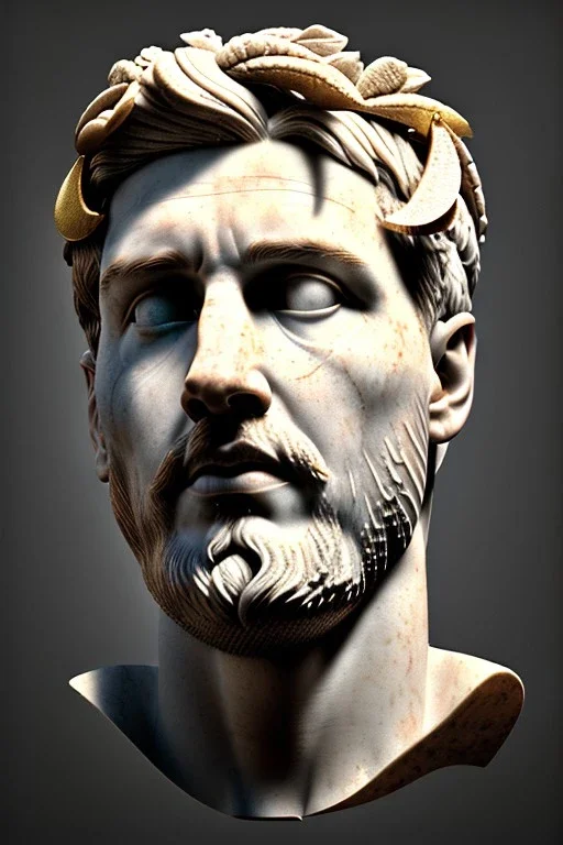 Ultra Realistic image, Roman sculpture bust, clean white marble material, Lionel Messi, gold Laurel leaves wreath and skewers, renaissance ornaments, one gold star, blue sky background, cinematic lighting, god light, 4k resolution, smooth details, ornate details, soft lighting, unreal engine 5, art station, substance 3d, art concept.