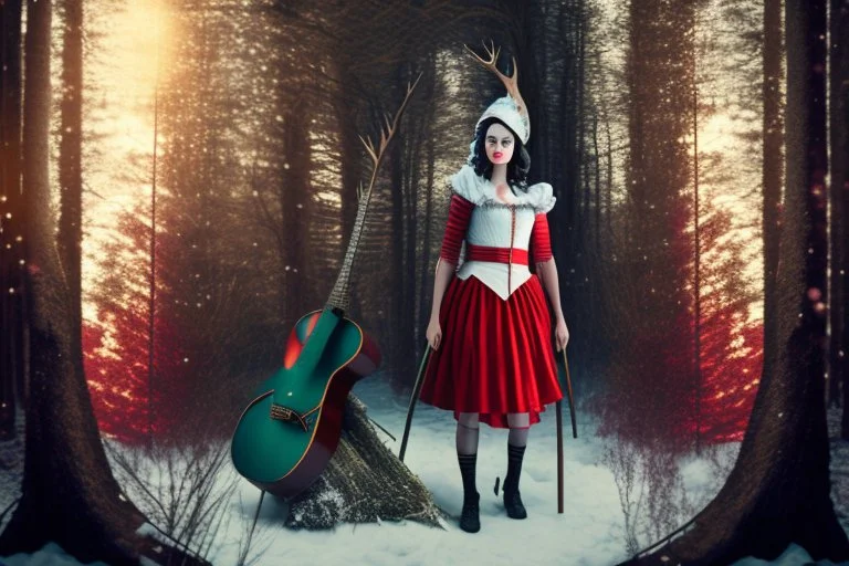 Double exposure, merged layers, Stage, stand-up microphone, drums, guitars, speakers, forest, Hansel and Gretel, Snow White walking with Robin Hood, midwife with an iron nose, Little Red Riding Hood with a basket on her arm, wolf horn on her head in sunshine, ethereal, cinematic postprocessing, bokeh, dof