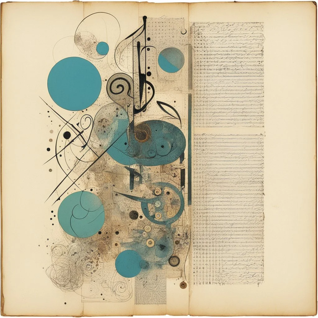 Page of a Gnostic tome, sinister calligraphy artifacts, graphic inserts, abstract art, by Ed Reinhardt and Victor Pasmore, mind-bending illustration; cool colors, asymmetric, tilted, dynamic diagonal composition, morse code dot and dash textures, weathered vellum