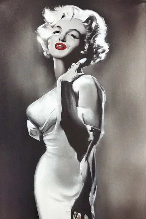 Painting, photorealistic, Marilyn Monroe, front view medium shot ankle-length white dress, white high-heeled shoes standing over a subway grating, dress billowing up, face slightly turned to the right arms holding the dress down, style of The Seven Year Itch