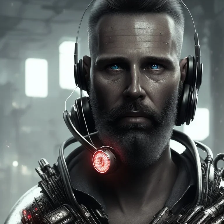 DJ cyborg short bearded 47-year-old Christian Boshell with headphones. dystopian cyberpunk sin city style, cinematic Fire themed art, Dark moody atmosphere, similar to a Leonardo da Vinci art direction, close-up face