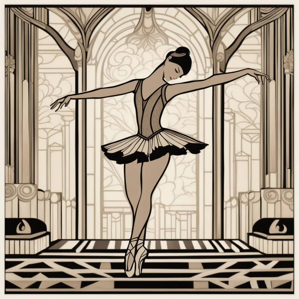 a ballerina in an Art Deco ballroom, by artist "Ingrid Umber",by artist "Sienna Lamberts"