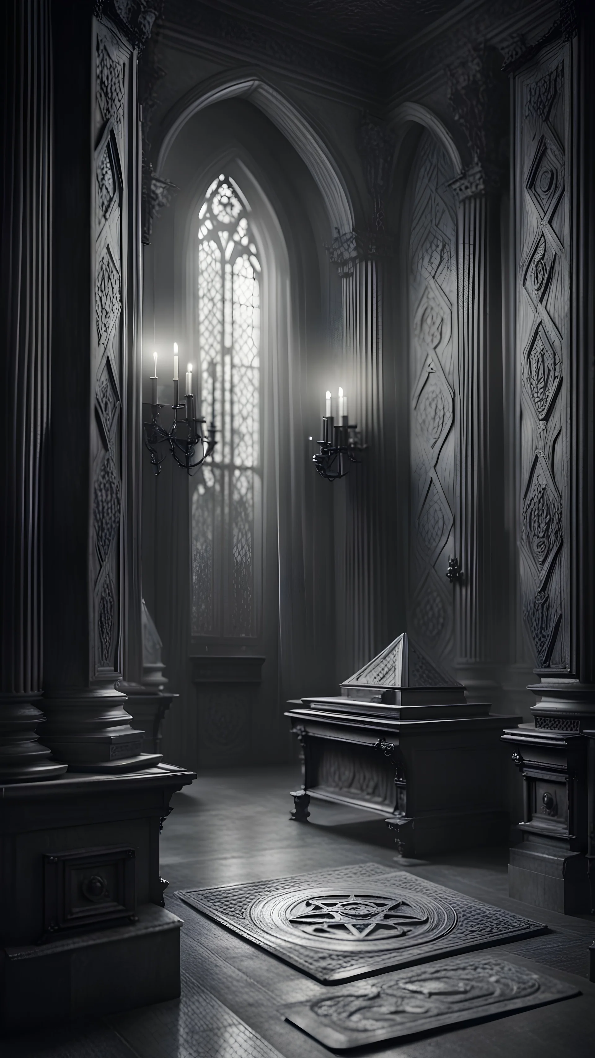 Ancient civilization. Secret society in cahoots in a gothic room in gray tones in a gloomy style