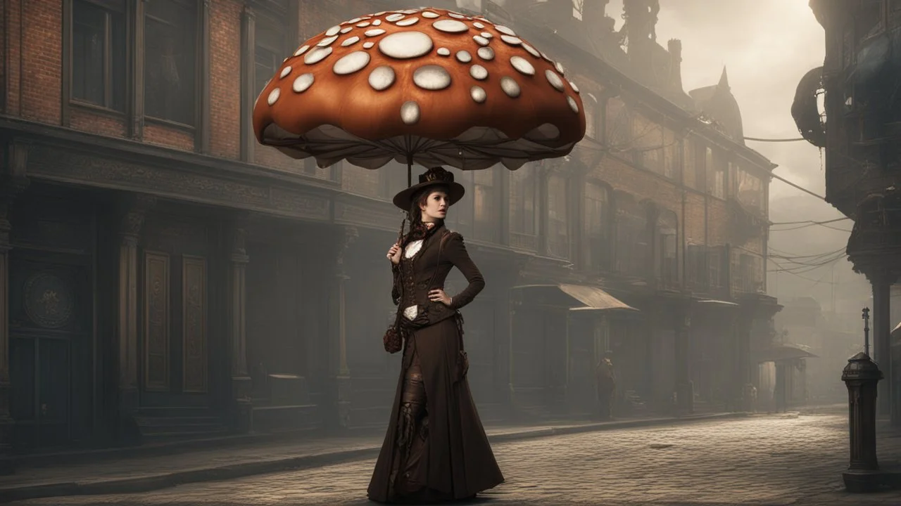 woman standing in a street with a parasol shaped like a mushroom with tentacles, in a steampunk setting