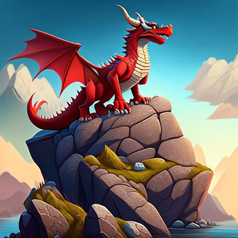 cartoon art of man dragón as human full body, standing on a rock