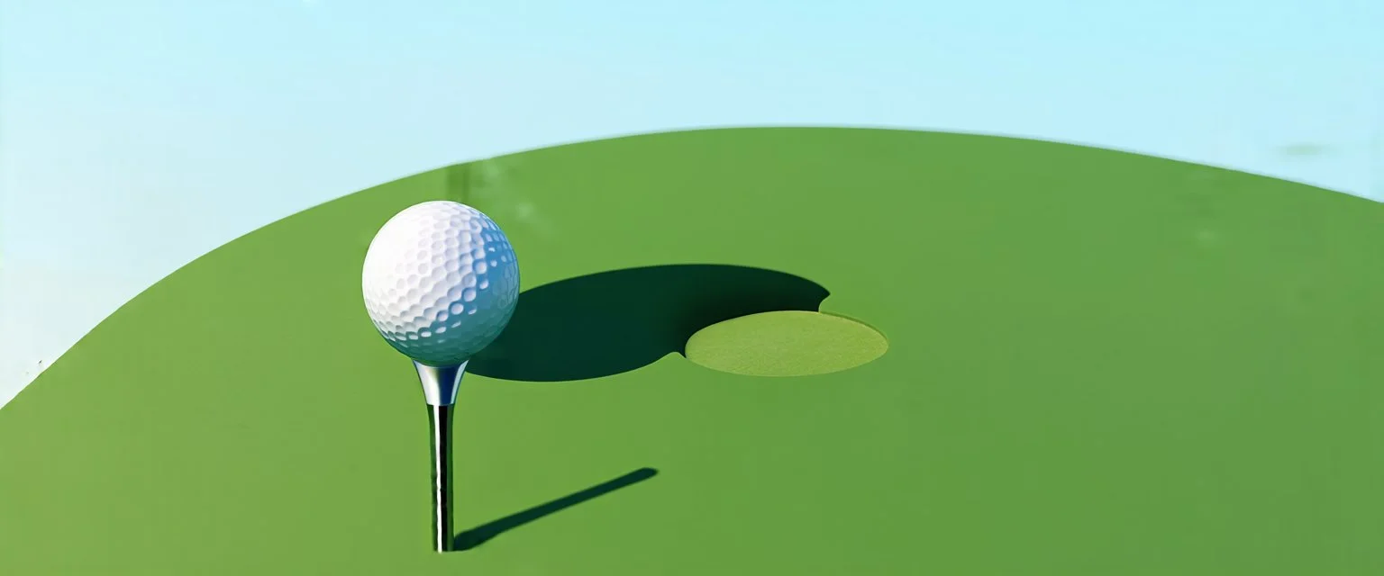 golf ball with shadow next to the hole(circular), ground is short groomed natural green grass, clear blue sky, add texture and depth, realism