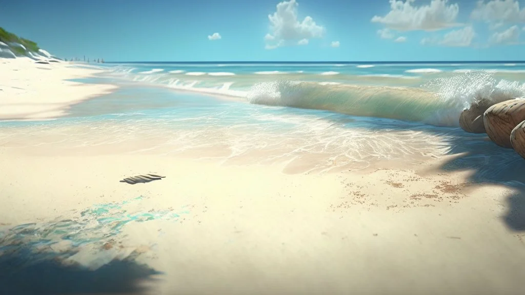 spiaggia e mare mezzogiorno, iperrealistico , cinematografico