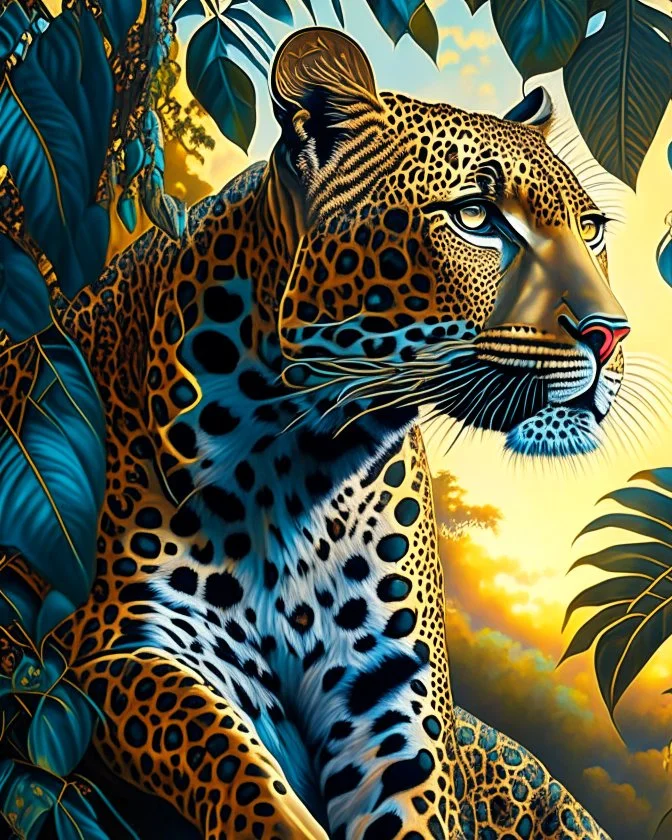 Leopardo en la Selva cuerpo completo árboles detallados elegante obra de arte colores contrastantes pintura al óleo detallada arte Bau Haus hiperdetallada impactante intrincada geométrica sombra 3D arte gráfica iluminación cinematografica 8k cielo soleado nubes coherente cuerpo completo