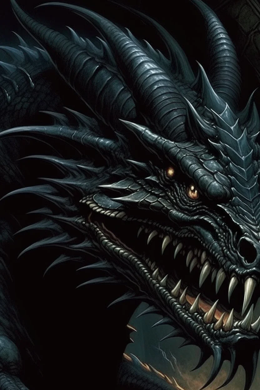 90s dark fantasy art, illustration of a black dragon