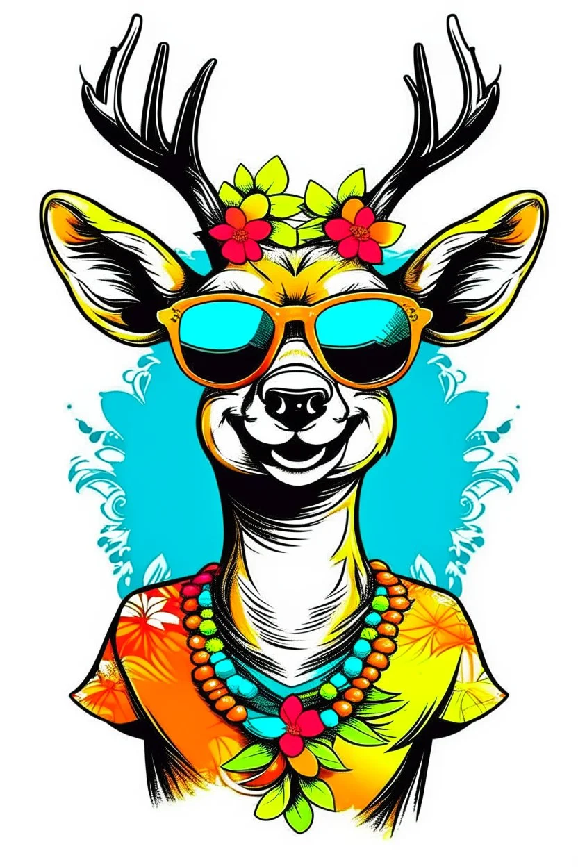 A groovy DEER with a wide, toothy grin, rocking sunglasses and a flowered shirt. Style: Pop Art, Mood: Fun and Funky, Lighting: Bright sunlight, T-shirt design graphic, vector, contour, white background.