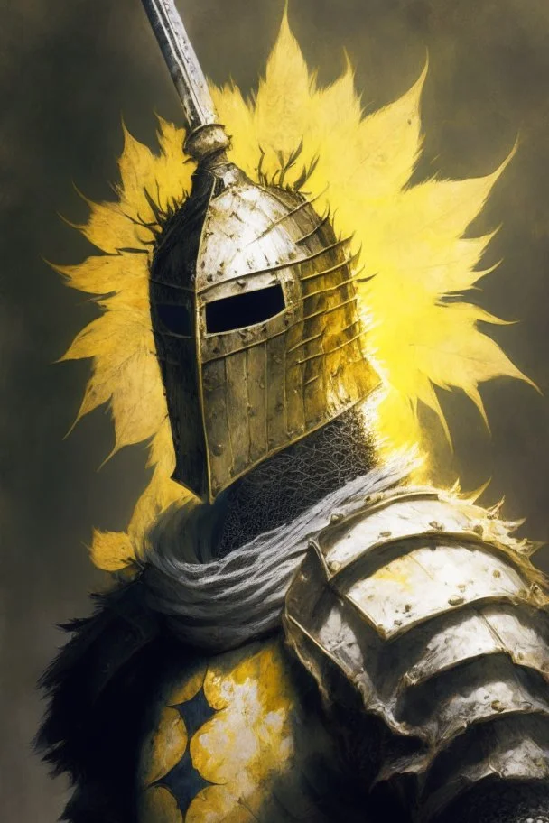 A portrait of Solaire, from Dark Souls Saga, with his elm on