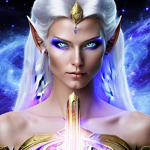 cosmic mage, elf, female, battle mage, epic, cosmic magic, long ears, white hair, face details, pale skin, jewellery, broad shoulders, glowing eyes, sharp ears, cosmic clothes, bright eyes, cosmic eyes, ears shown, light out of eyes, the cosmos in eyes, stars in eyes