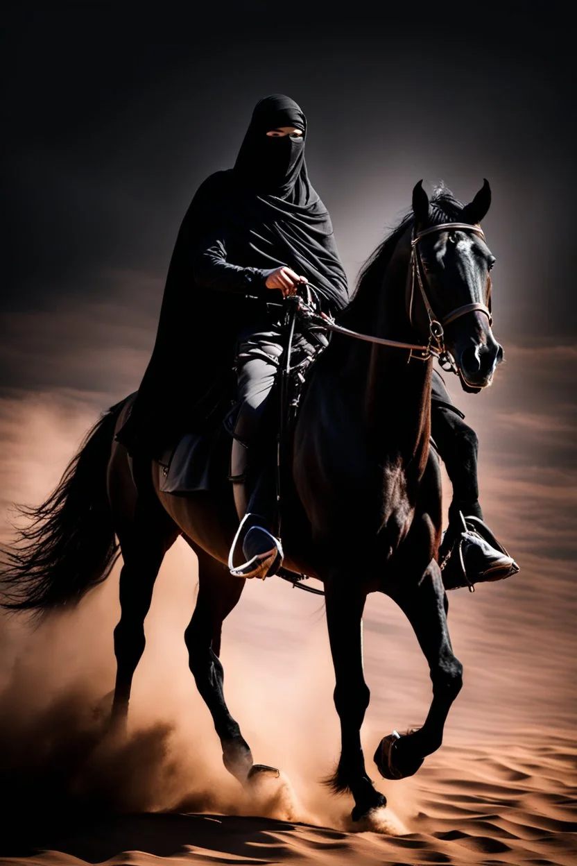 Photography Mistery of Black Ghost Arabian driving on Black Horse,Walking alonely on desert darkness night background