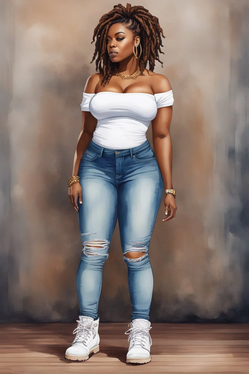 Create a watercolor image of a curvy black female wearing tight cut up jeans and a off the shoulder white tshirt with timberland boots. Prominent make up with hazel eyes. Highly detail dread locs