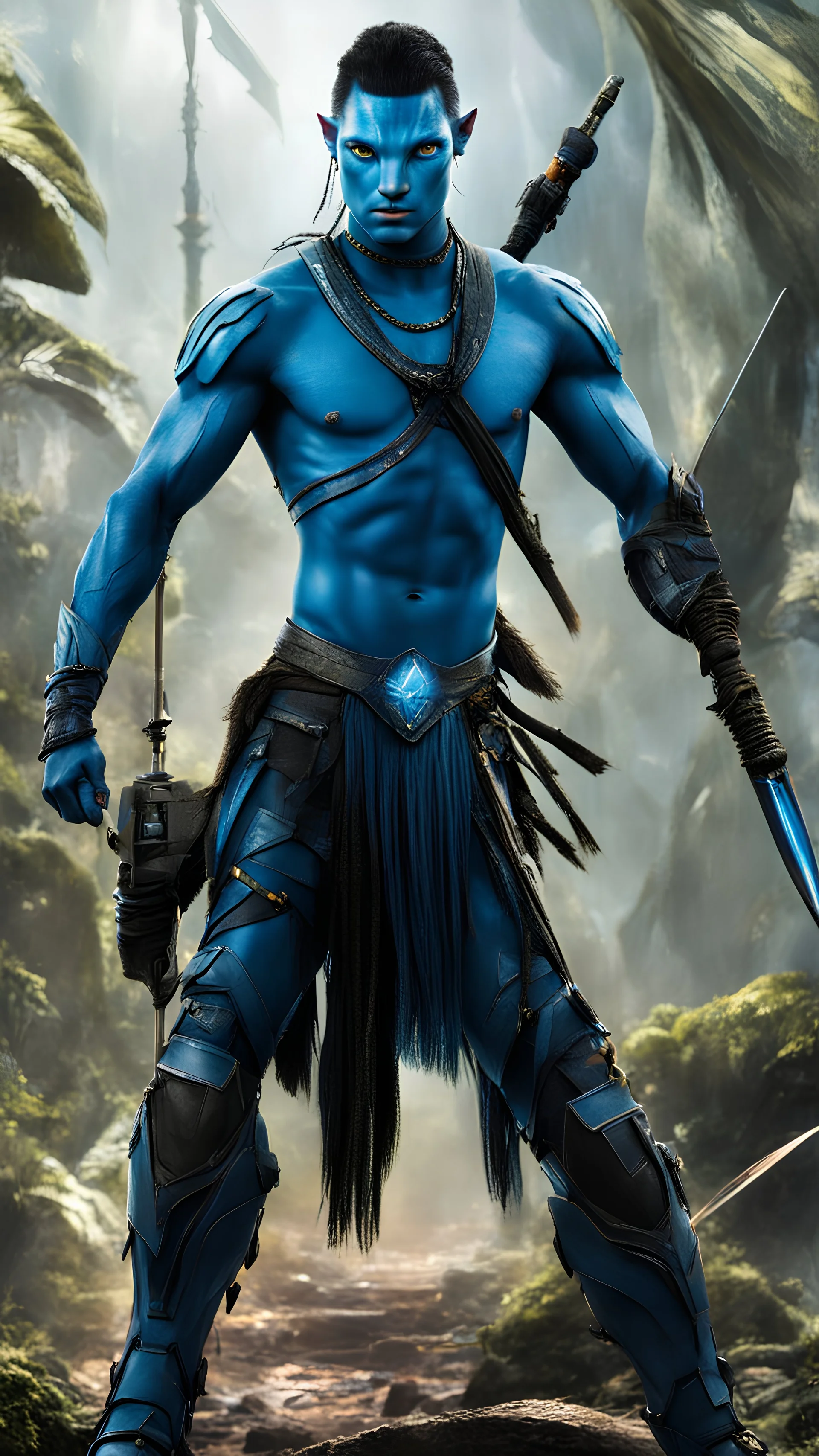 Avatar2 stands tall. He carries a spear. Against an advanced robot