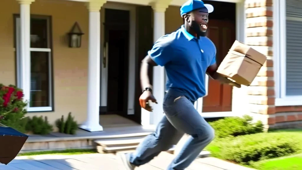 suspiciously looking Tyrone runs away with small delivered package from porch