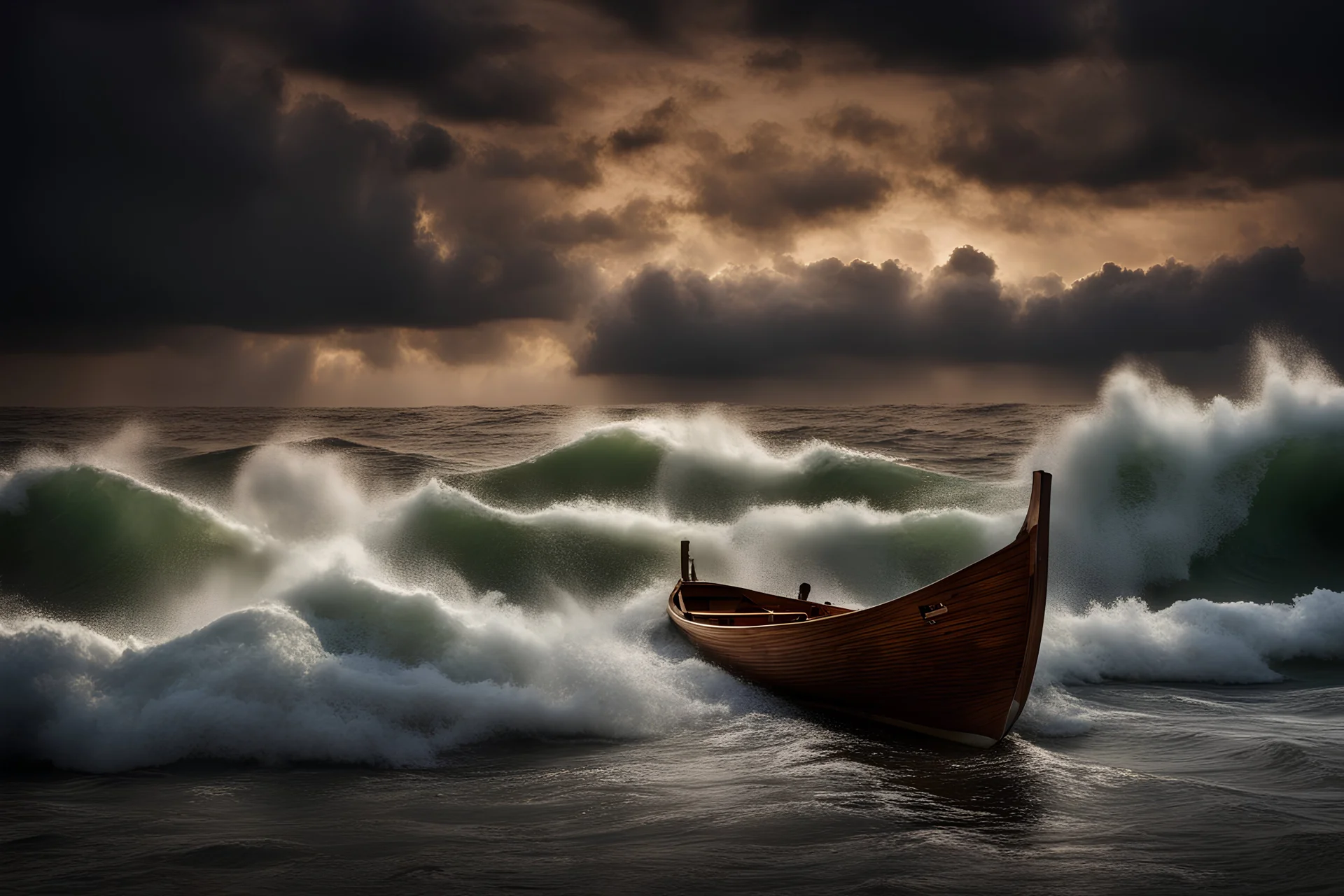 A real photographic landscape Super wide,Ominous sky,Sailing boat,Wooden boat,Lotus,Huge waves,Starr.