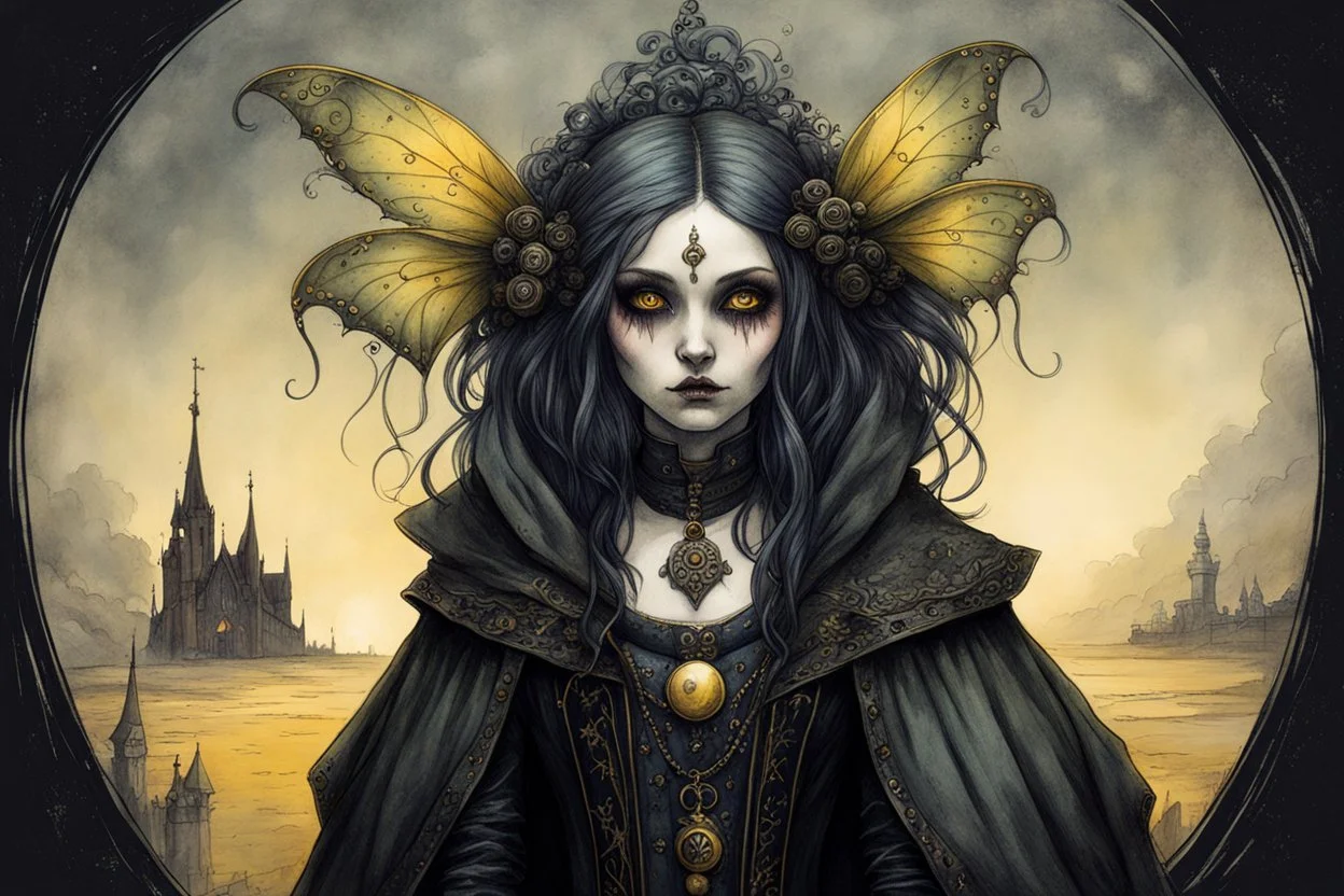 Jean-Baptiste Monge style 19th century hand drawn full body portrait dark gothic fantasy illustration of a walking hybrid Comet moth goth girl, with highly detailed facial features with large sad eyes, drawings, 8k, vibrant natural colors, otherworldly and fantastic