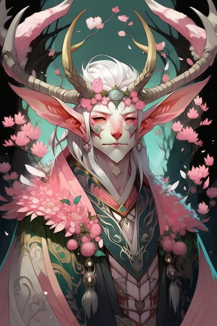 Pink hair spring cherry blossom Eladrin Male antlers beard druid of the stars