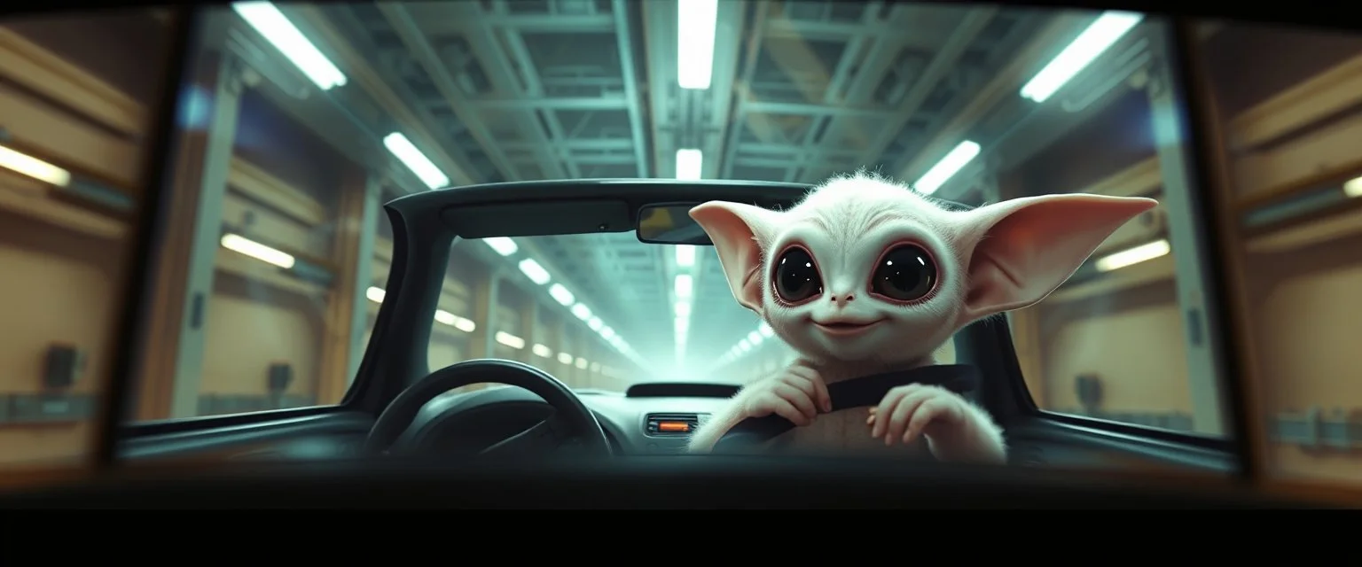 car driving happy 2d anime fluffy reflective alien sloth gremlin woman in the style of Escher and Giger and Fallout 4, pinhole cam, airbrush 3d rendering, on tv screen:A five-second cinematic single take in a clean industrial presentation hall.