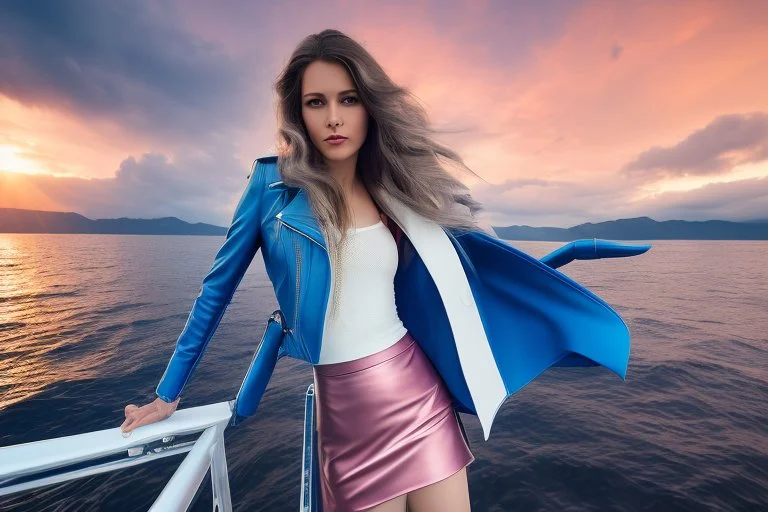 half body shot,realistic portrait of a 20-25 old caucasian model, long blue pink flowing hair, great grey eyes, blue leather jacket,full body, short white skirt,long legs,standing on deck of very big ship, beach of very nice lake with sunset ,clouds,godrayes