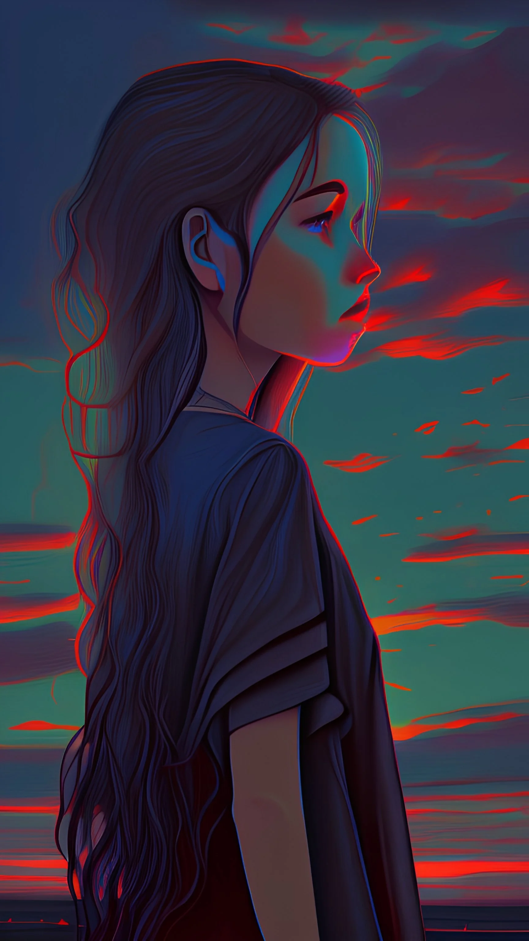 sunset behind the girl, digital painting, back view