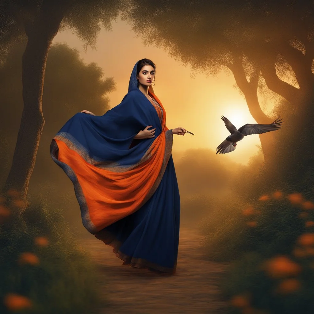 Hyper Realistic 3rd-rule-view of a Beautiful-Young-Happy-Pashto-Woman-with-a-bird-on-his-hand with navy-blue-dress-&-orange-shawl & breeze-whirling in a jungle-with-tall-trees & cloudy-sunset-&-sun-rays showing dramatic & cinematic ambiance