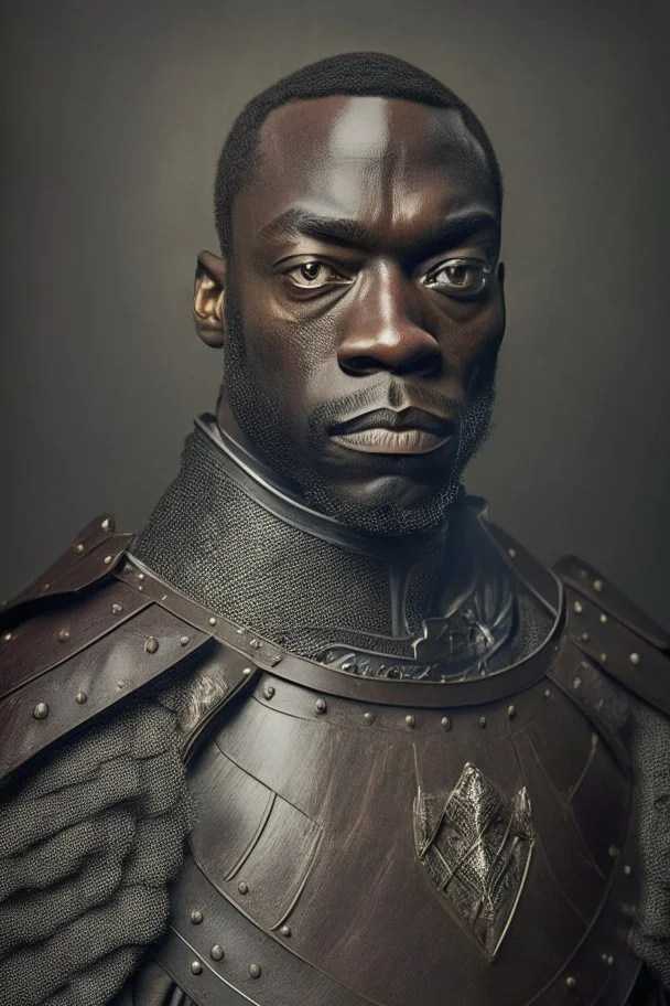 Portrait of a black man, fifty years, wearing a leather armor
