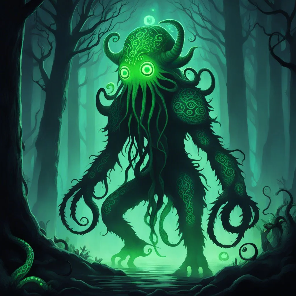 creature from the depths of the dark forest, a shadowy being with tentacles for arms and eyes that glow in the night. This monster wears socks, with a pattern resembling ancient runes etched in a luminescent green hue. The socks pulsate with an eerie energy, matching the creature's otherworldly presence.
