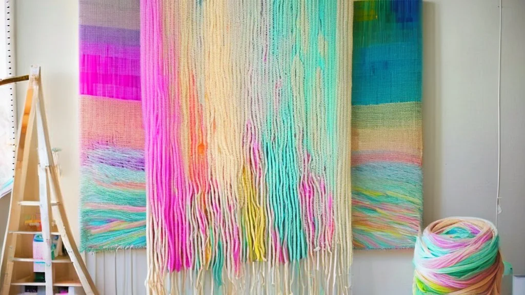 Use threads to make a tapestry big artwork on canvas that transform from vibrant colors to soft colors