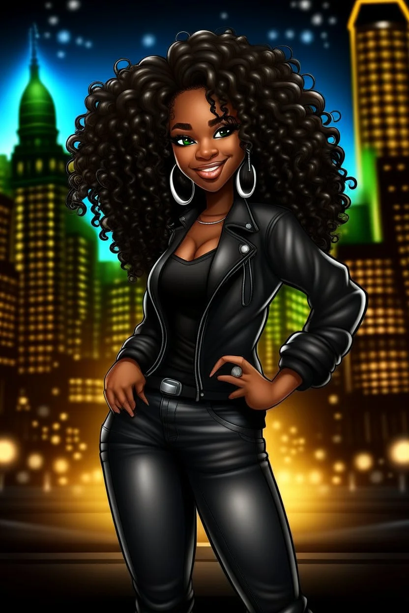 Create a digital airbrush cartoon of an African American female wearing a black jean outfit with timberland boots. Prominent make up with hazel eyes. She is wearing large diamond hoop earrings. Extremely highly detailed very long curly hair that shines. Background of a night club.