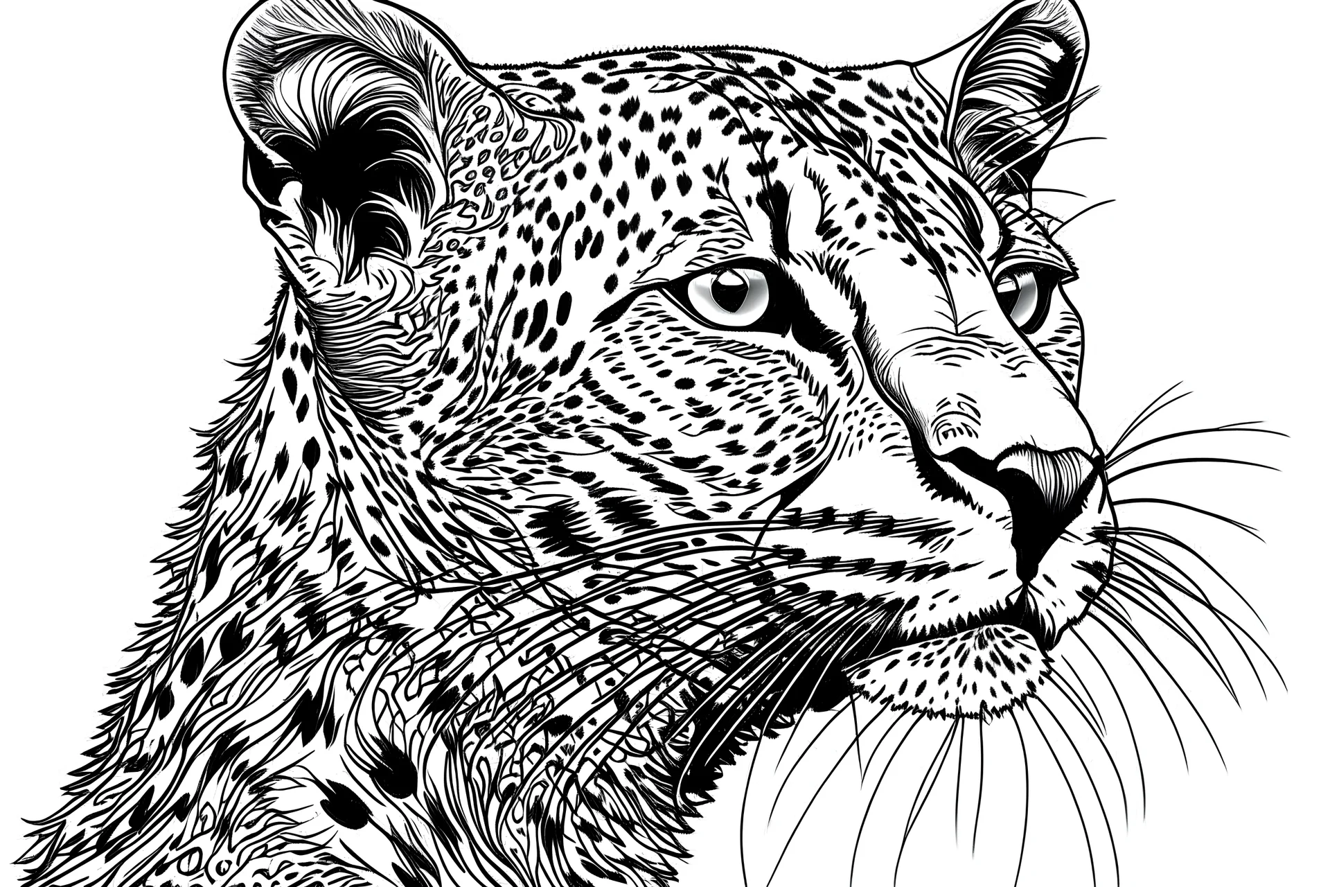 Outline art, cheetah, cartoon style, black and white, low detail, no shading, --ar 9:11