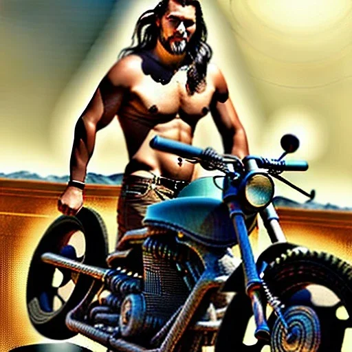 Jason momoa sur moto, torse nu, route 66 usa