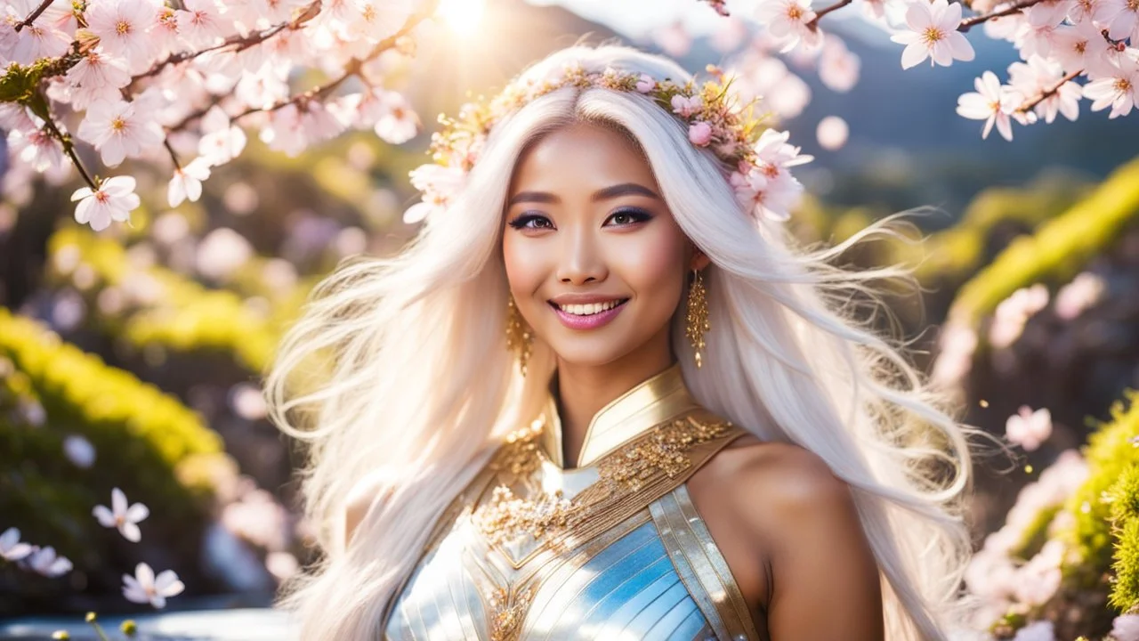 Portrait of a gorgeous smiling asian goddess with a golden dark skin, long smooth white hair, blue eyes, in a sci-fi outfit with luminous strikes in a hill of flowers with sakura trees, a small torrent, loads of mini flowers, moss, sun rays through the branches, particles in the air at spring