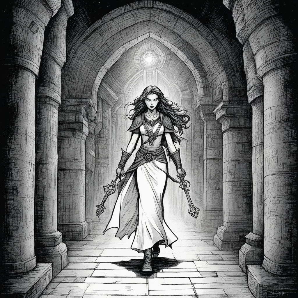 [illustration by Kevin Eastman and Peter Laird] Seraphina walks, light behind her, her face etched with concentration as she guides the group forward with the aid of the glowing key along the passageway walls. "These symbols..." she murmurs, "they're older than anything I've ever seen before. The key pulses in her hand, sending waves of silvery light down the corridor ahead. You notice the shadows seem to recoil from its light, as if in fear. Eliza and Markus follow close behind, their footste