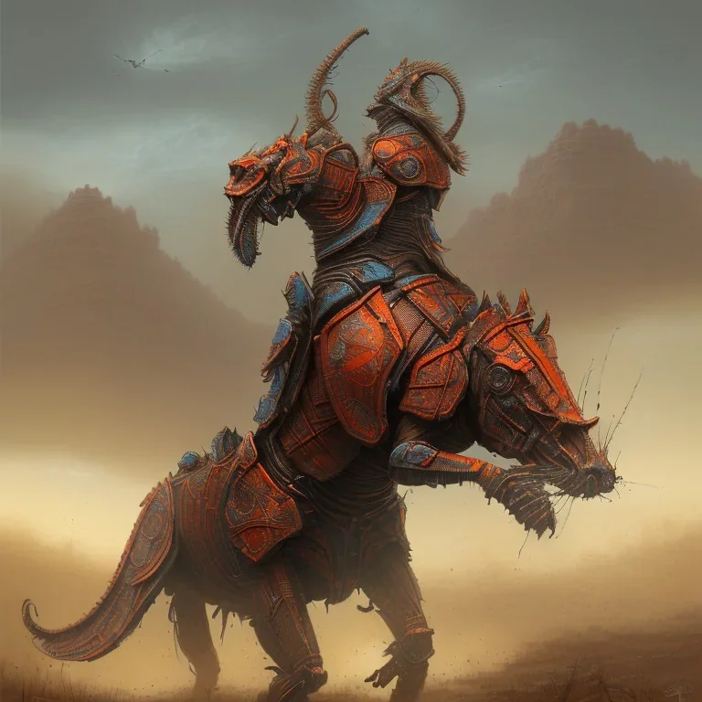 angry horse in orange and blue battle armor, a highly detailed illustration, background of Inka jungle, realistic render, 8 k, micro detail, intricate, elegant, centered, digital painting, Artstation, smooth, sharp focus, illustration, artgerm, tomasz alen kopera, peter mohrbacher, donato giancola, joseph christian leyendecker, wlop, boris vallejo