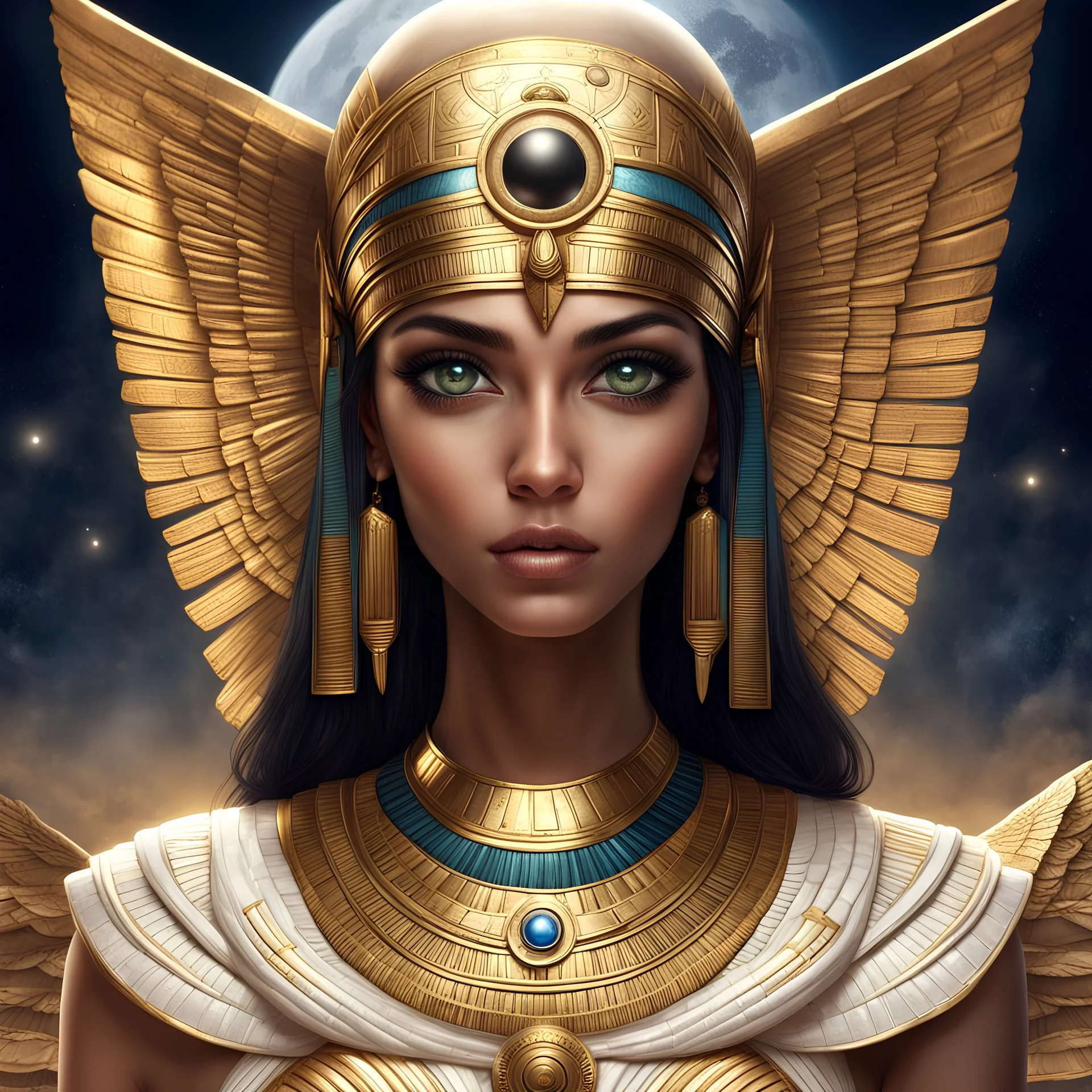 PRETTY EYES ANGEL EGYPTIAN beautiful with simetric eyes, beautiful face and eyes, highly detailed face, GOLD eyes, realistic, PYRAMID background moon SPACESHIPS, Ultra detailed digital art masterpiece, beautiful GIRL 26 yearS old, EGYPTIAN with simetric eyes, SPACESHIPS BACK FLYING